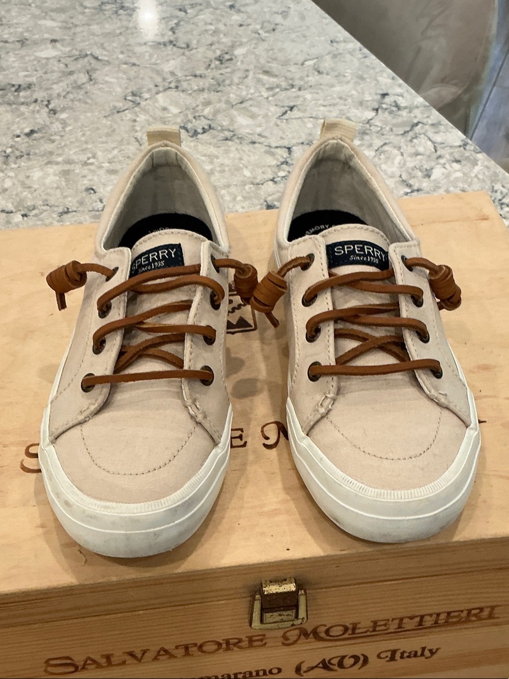 Sperry Women's Cream Canvas Boat Shoes with Brown Laces